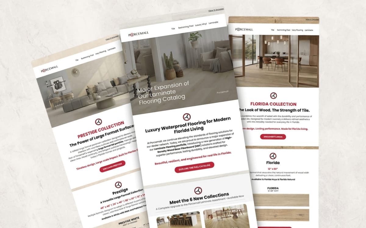 Tres newsletters de Porcemall para distribuidores, con nuevas colecciones y novedades de producto