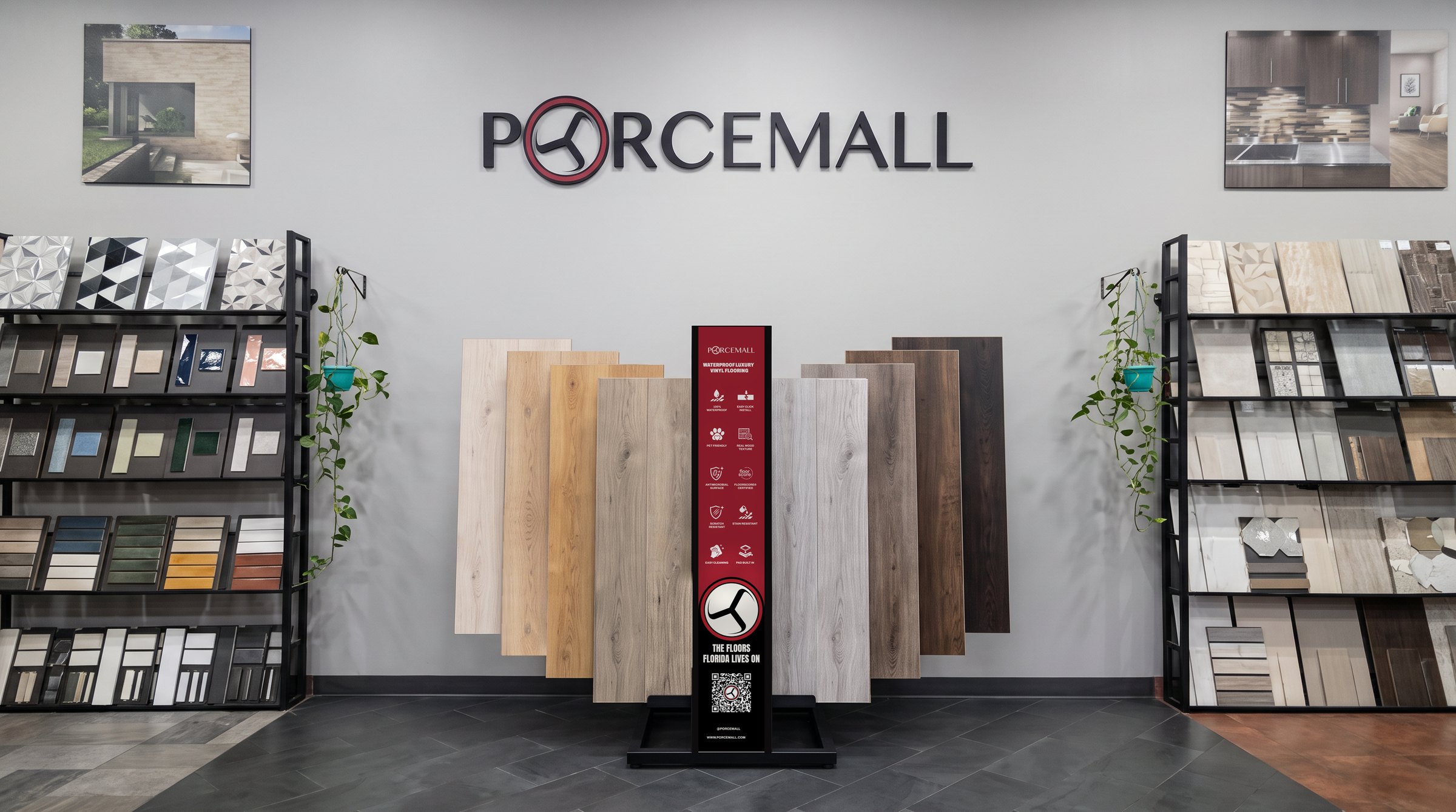 El exhibidor de tablones de Porcemall en una tienda de pisos