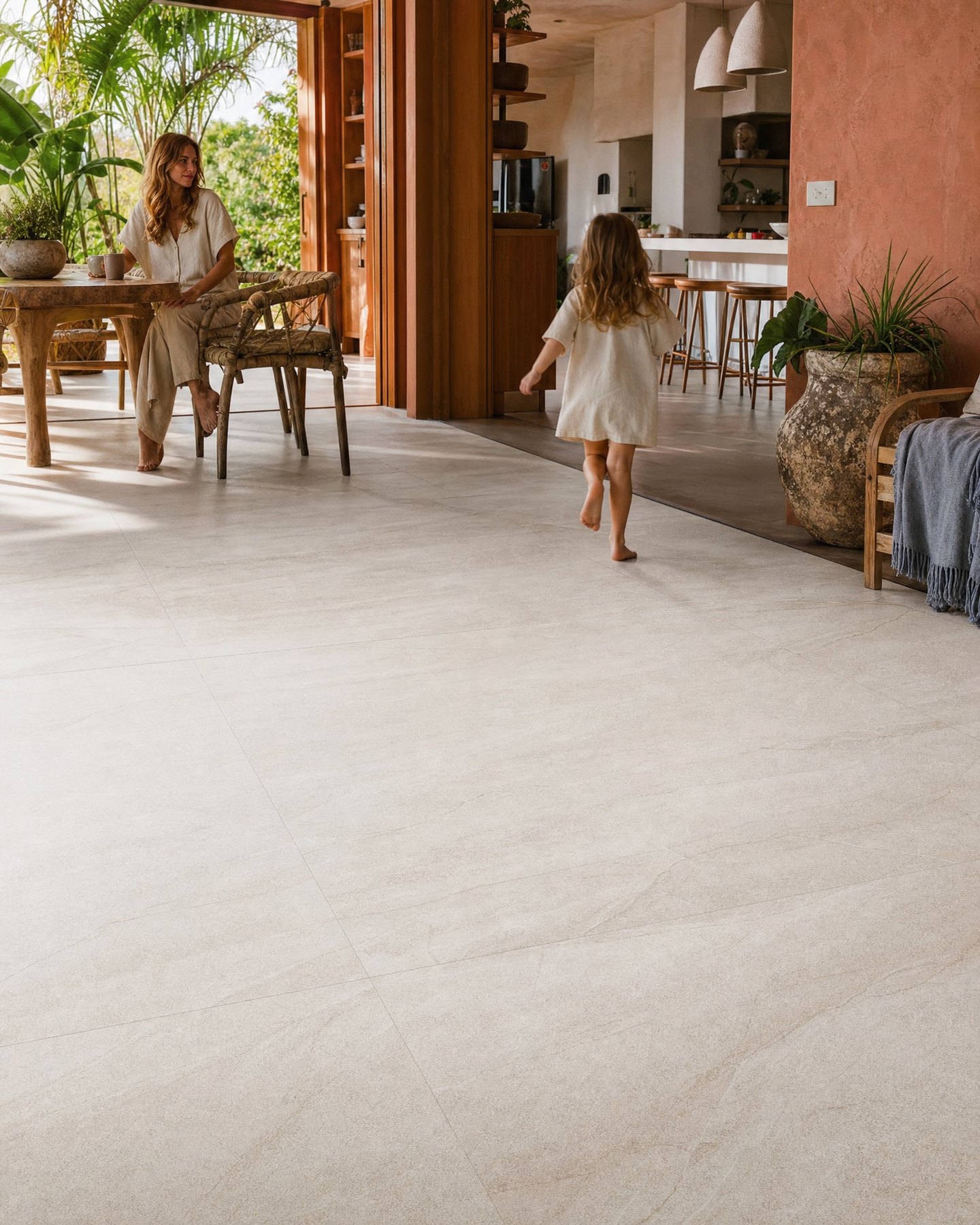 Sala abierta con piso de porcelanato aspecto piedra