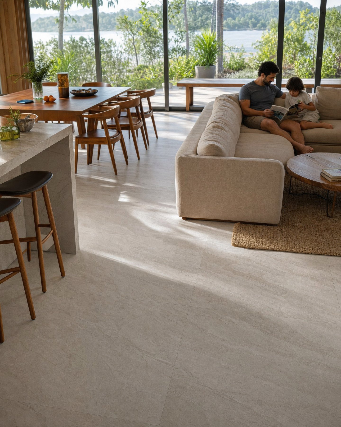 Sala junto a un lago con piso de porcelanato aspecto piedra