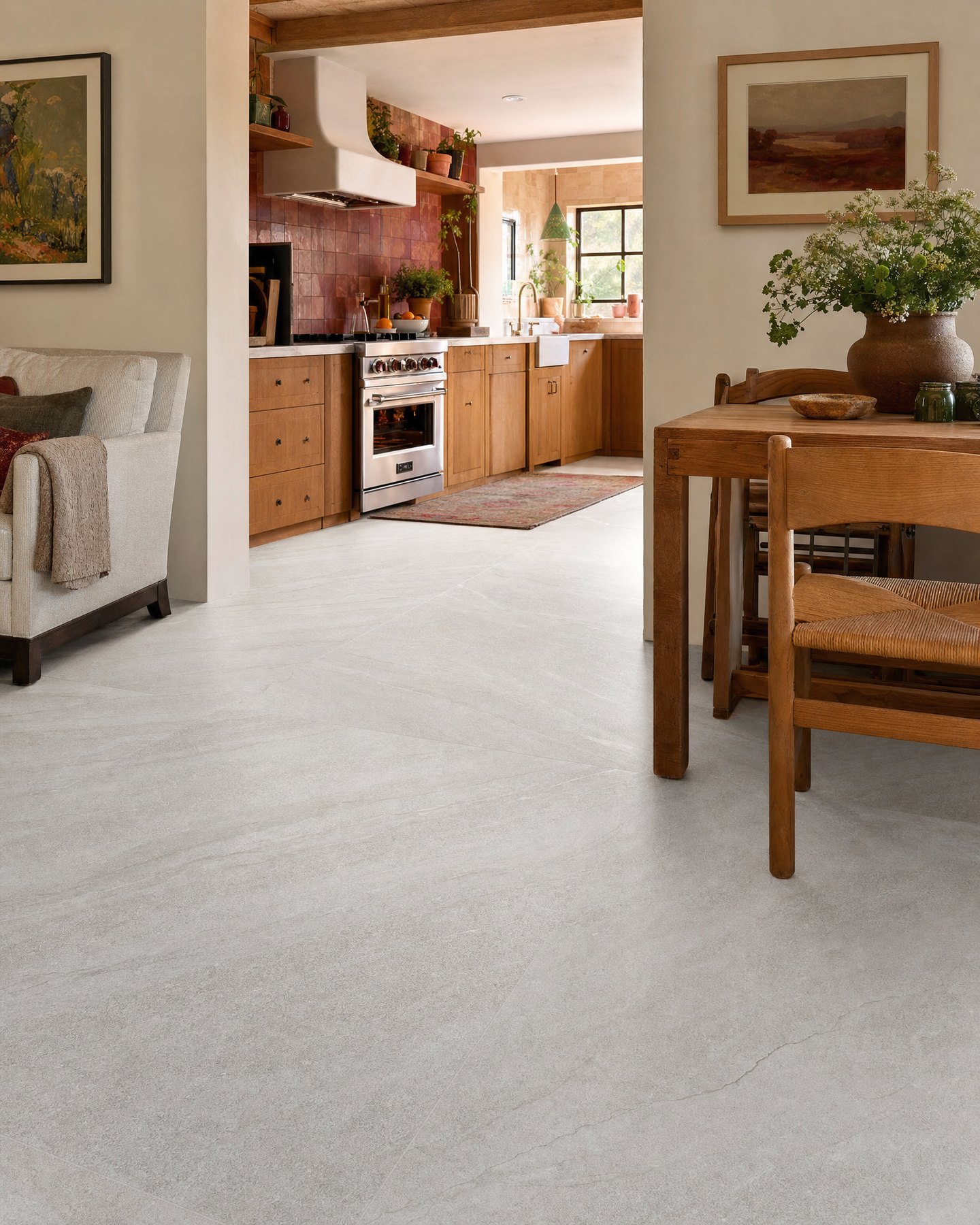 Cocina con zellige y piso de porcelanato aspecto piedra