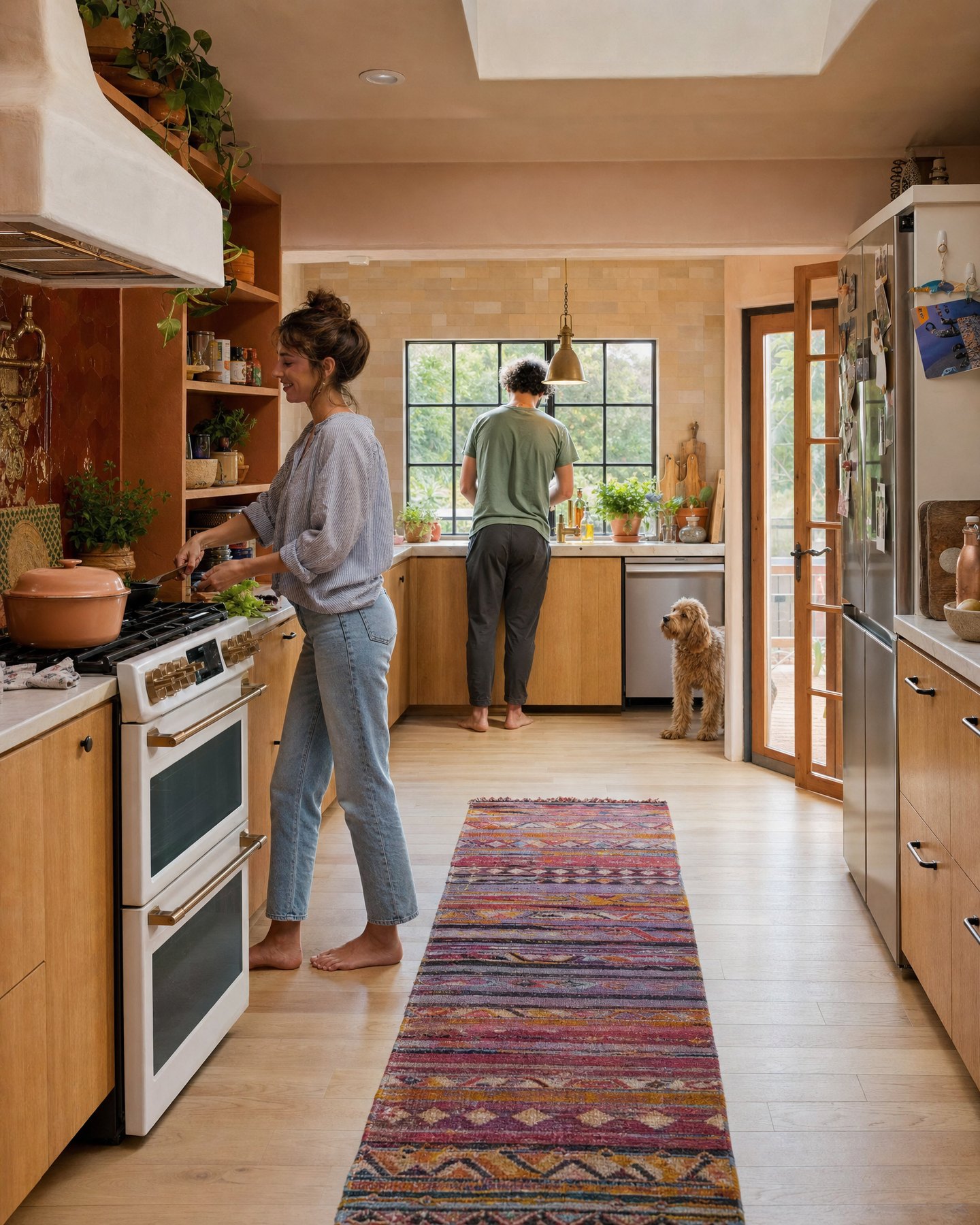 Pareja en una cocina con piso de porcelanato aspecto madera