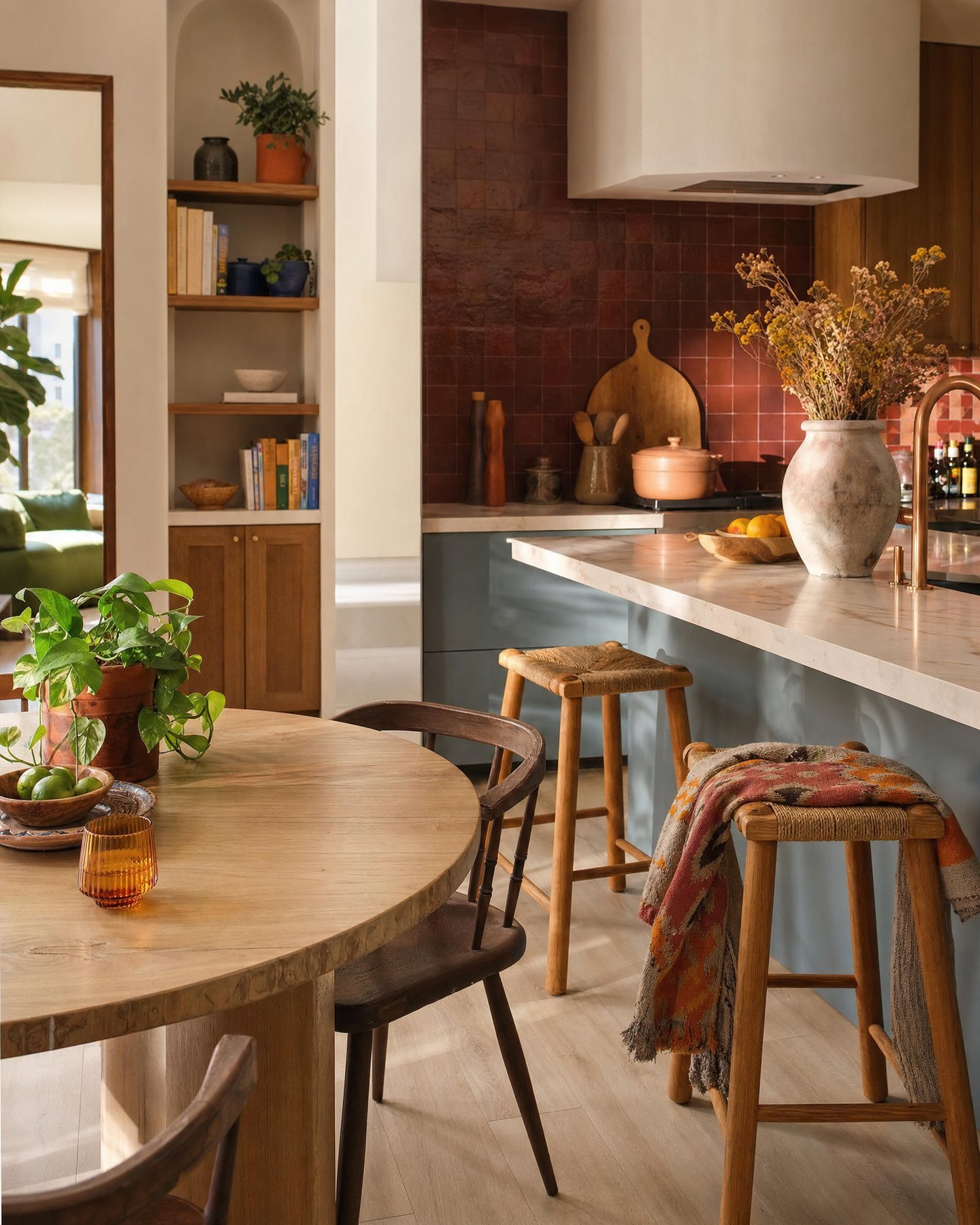 Comedor e isla sobre piso de porcelanato aspecto madera