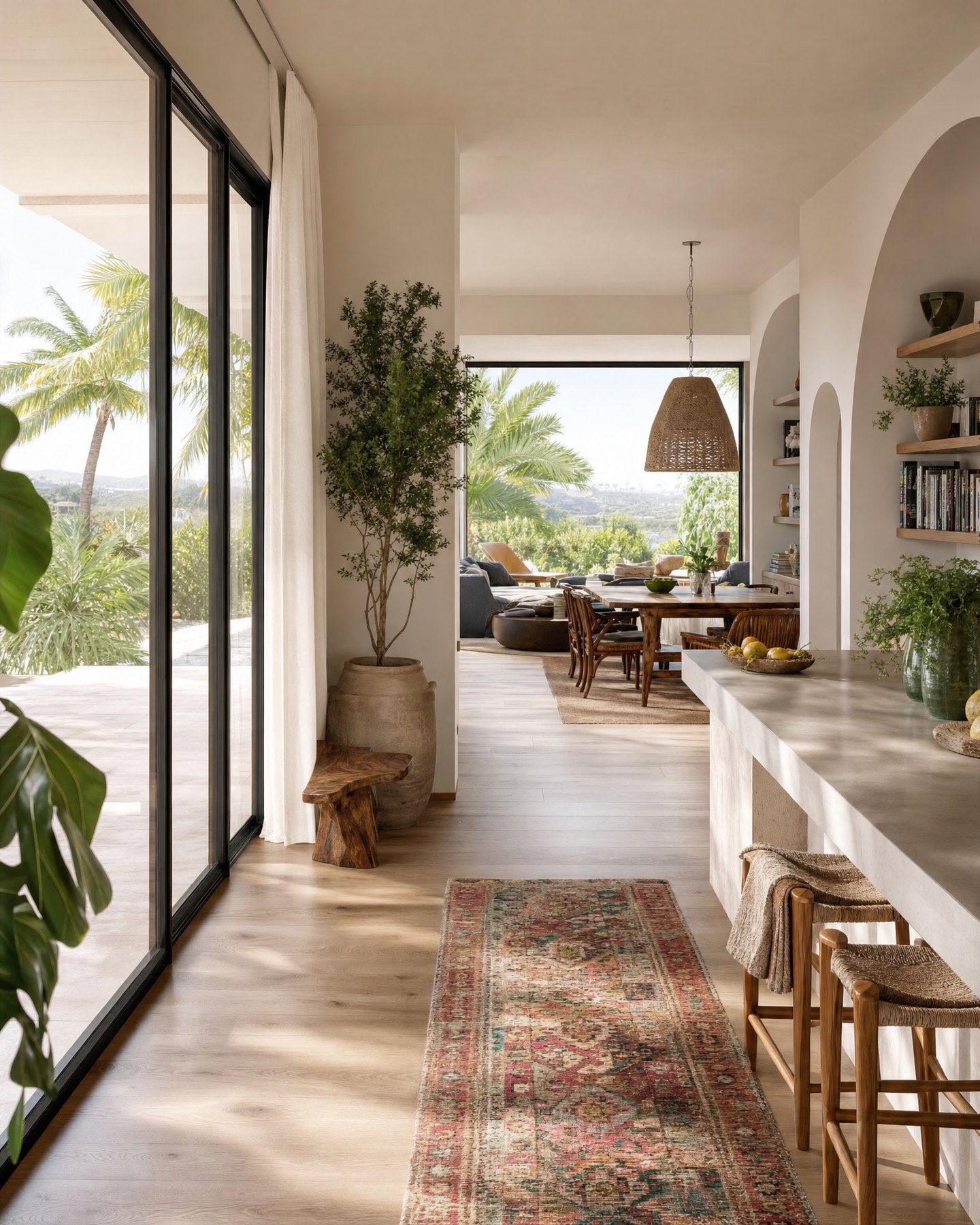 Pasillo con palmas y piso de porcelanato aspecto madera