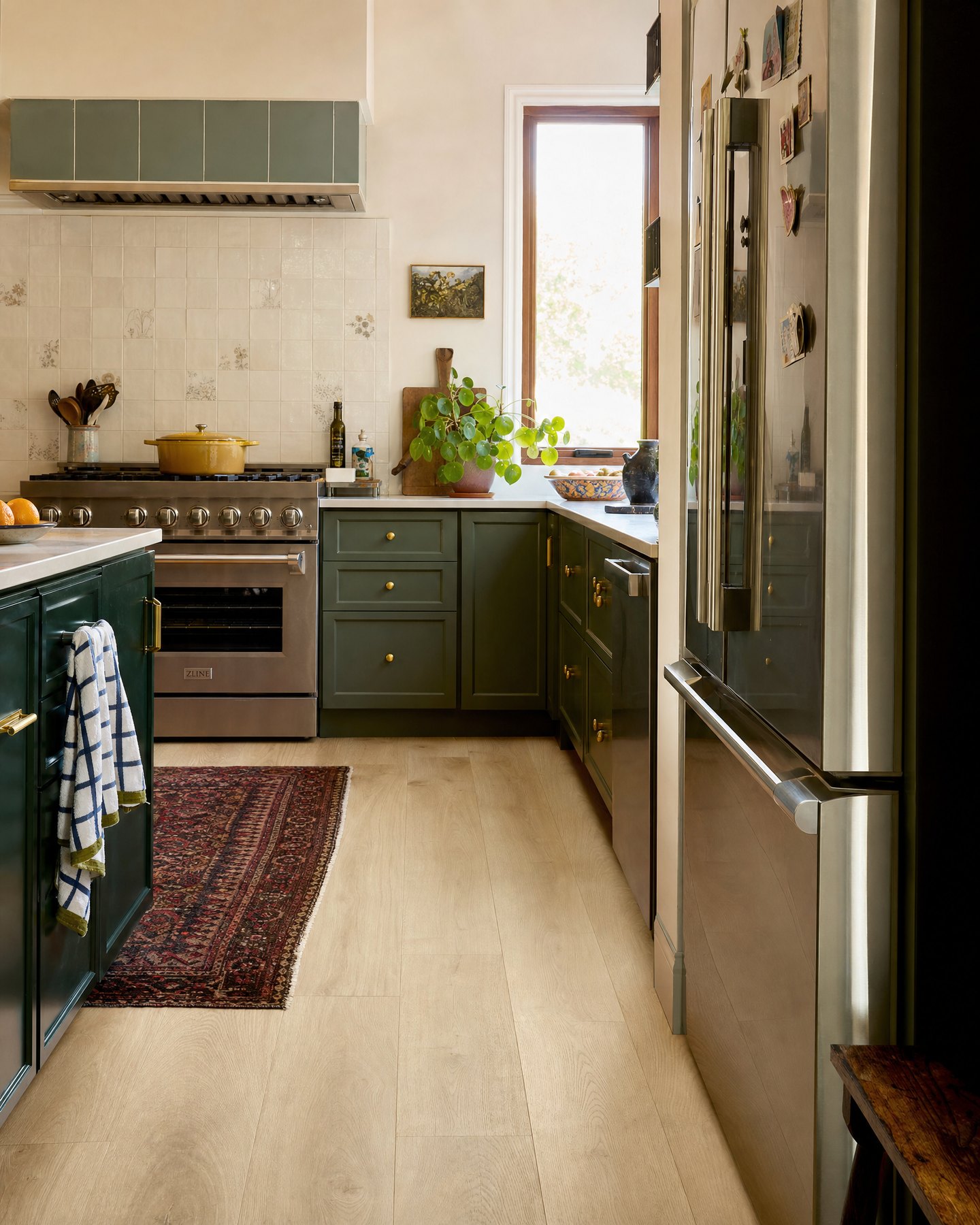 Cocina verde con piso de porcelanato aspecto madera