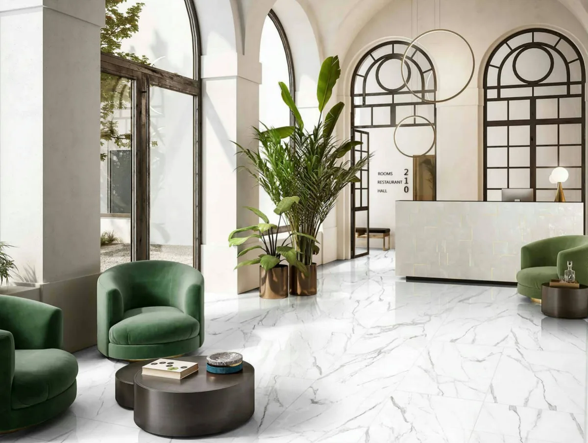 Statuario NG White in a hallway