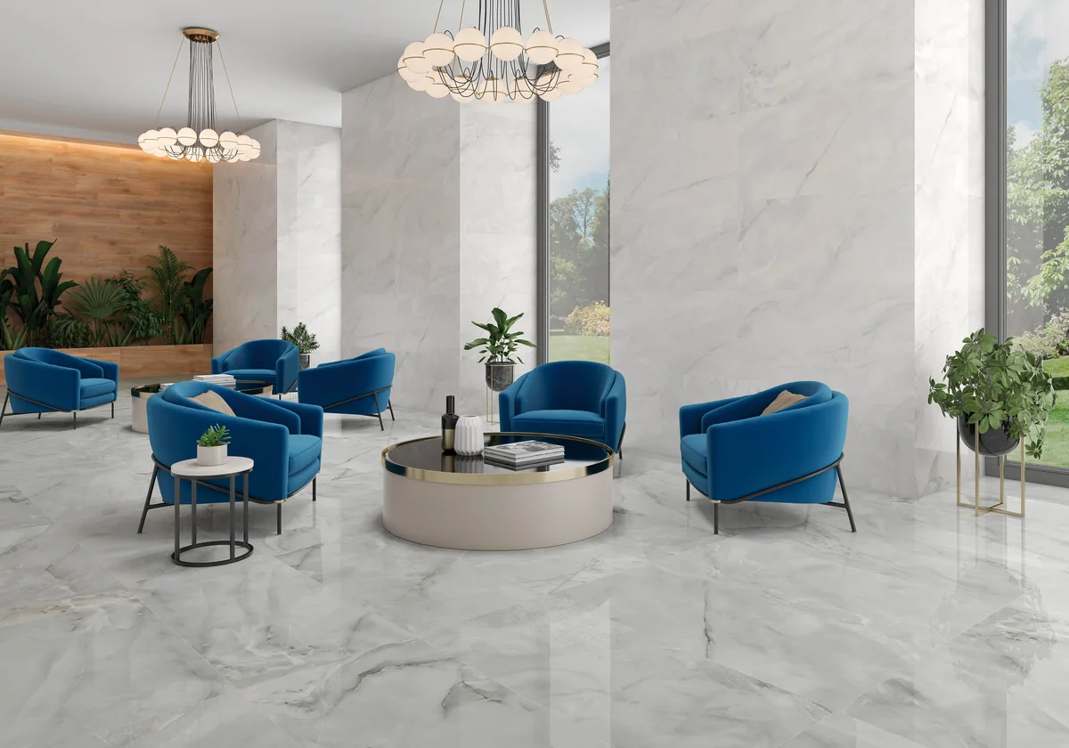 A hotel lobby on marble-look porcelain