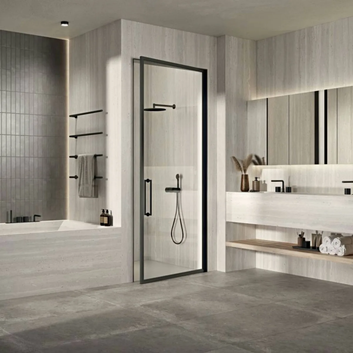 Travertine-look porcelain in a bathroom