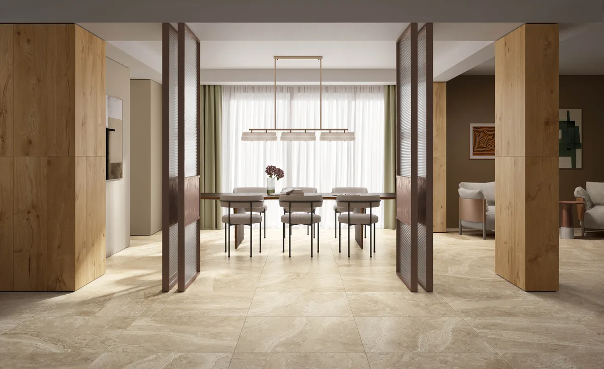 Marble-look porcelain in a living space