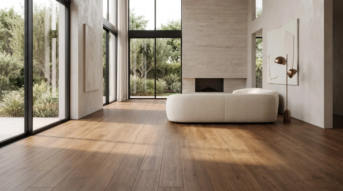 Warm oak-look SPC vinyl plank in a sunlit living room with tall windows